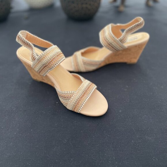 Coach and Four Wedge Heels, Size 8M, Multi-Colored Stretch, 3.5 inch Cork Heel - Picture 7 of 10